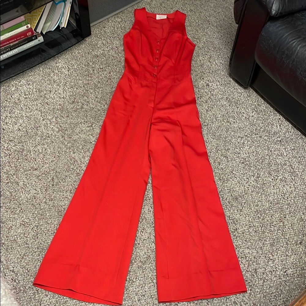 Vintage 70s bell bottom Red one piece vested Jumpsuit